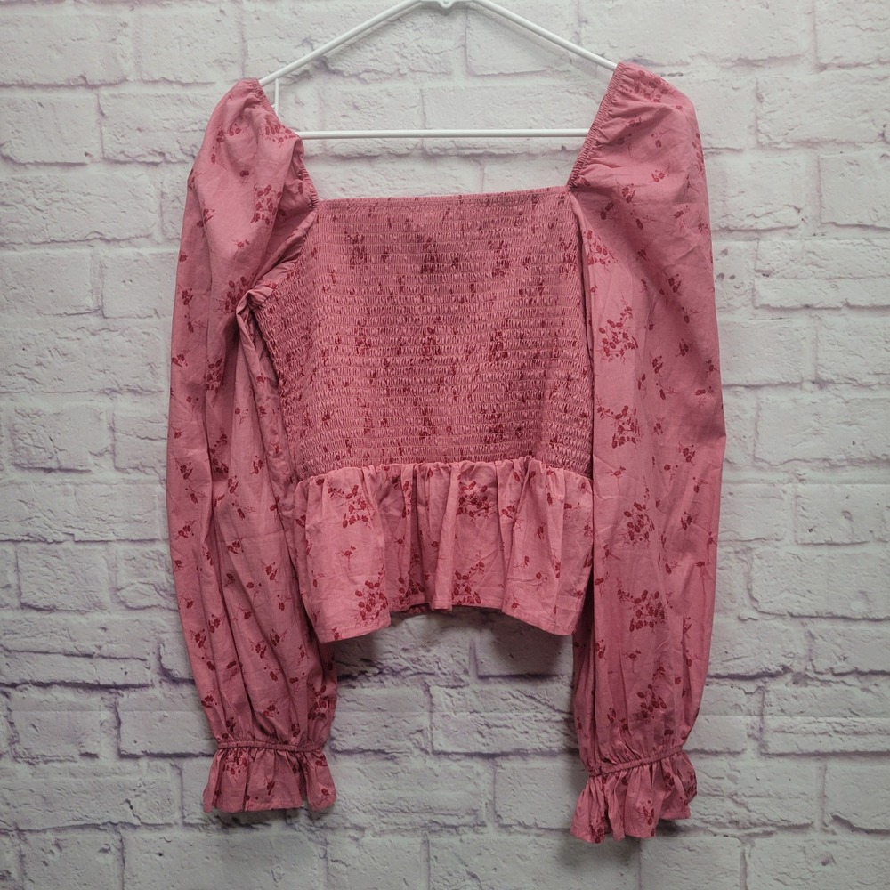 Dizzy Lizzy Floral Smocked Crop Top Women L Puff Sleeve Boho Peasant Square Neck